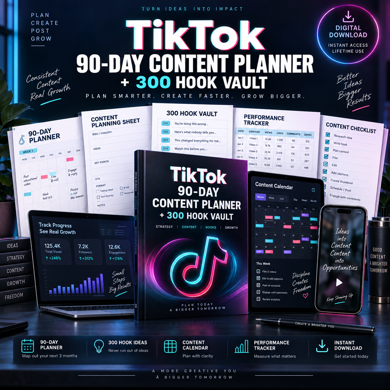 TikTok 90-Day Content Planner + 300 Hook Vault